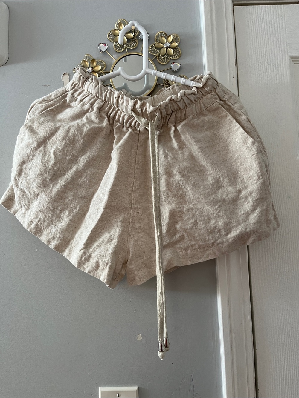 High-Waist Cream Linen Drawstring Shorts